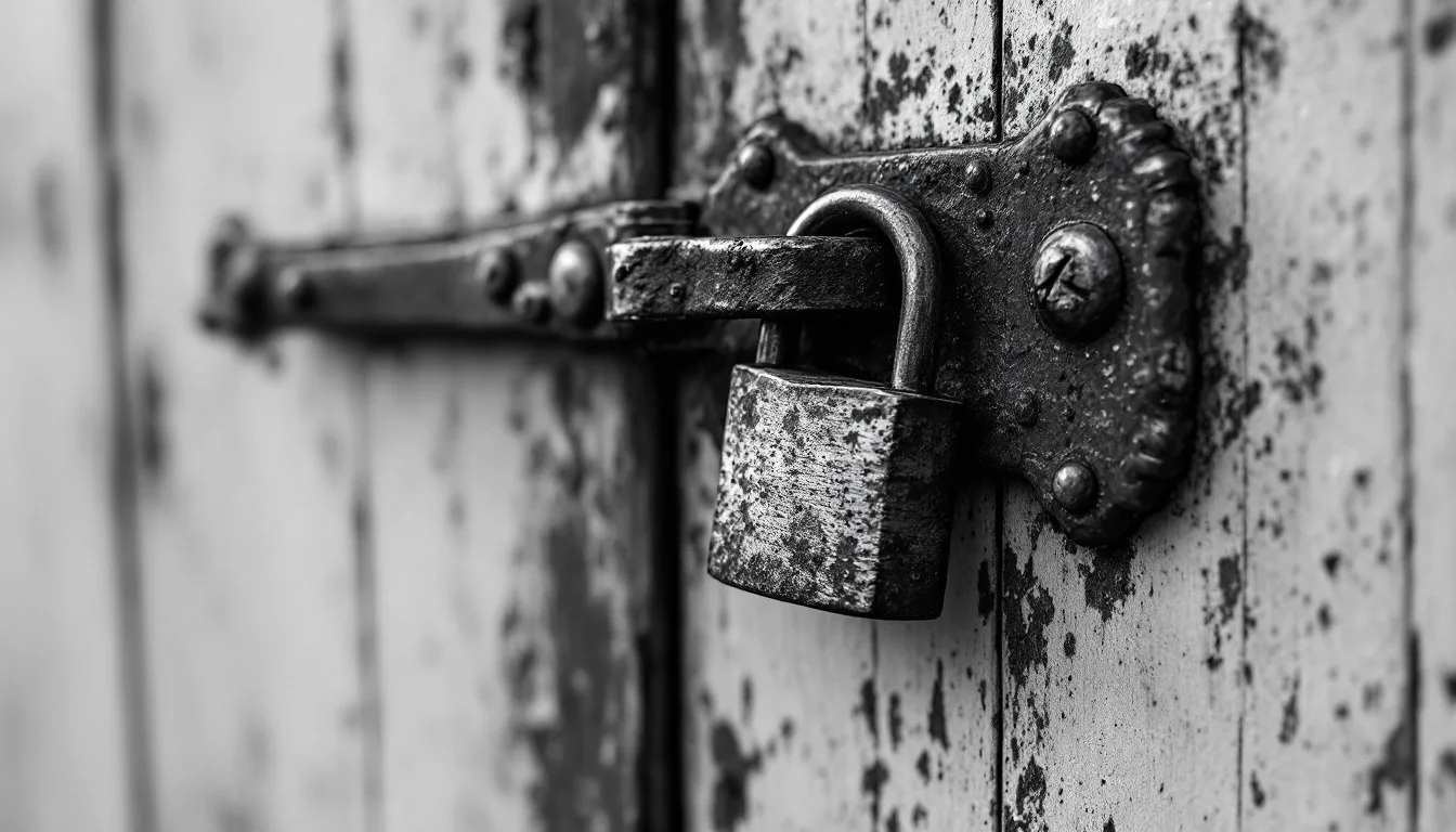 Black-and-white photograph of an iron hasp and staple secured with a padlock on a weathered door